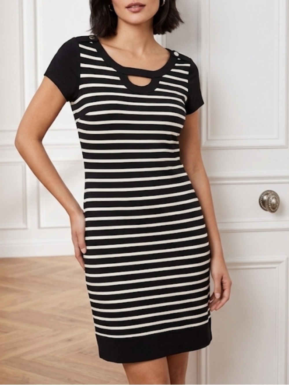 White House Black Market Striped Keyhole Dress - Black & White - Size Medium